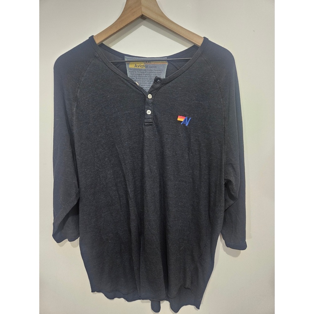 Aviator Nation Henley XXL Black 3/4 Sleeve Raglan Retro Logo Made USA